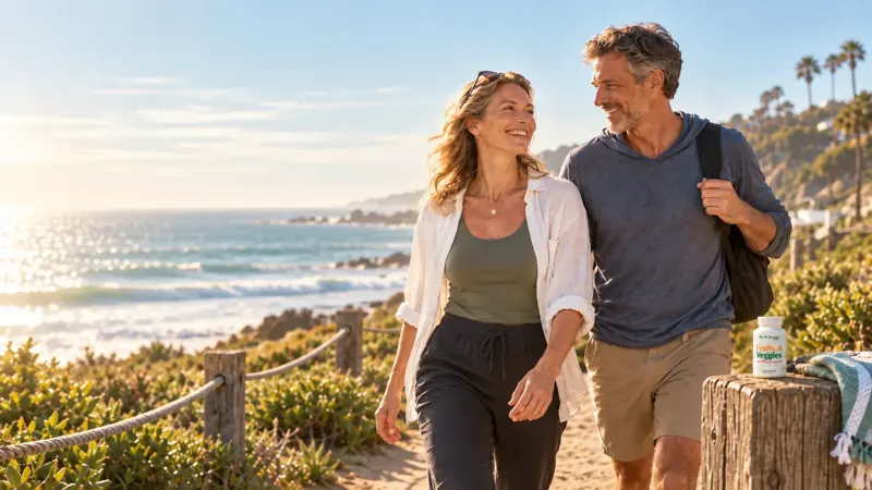Couple walking a coastal path at sunrise