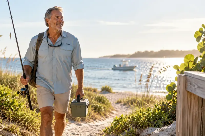 Man walking to the beach with a fishing rod