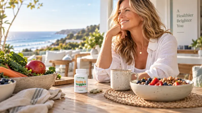 Woman at a sunny breakfast table with Fruits & Veggies capsules