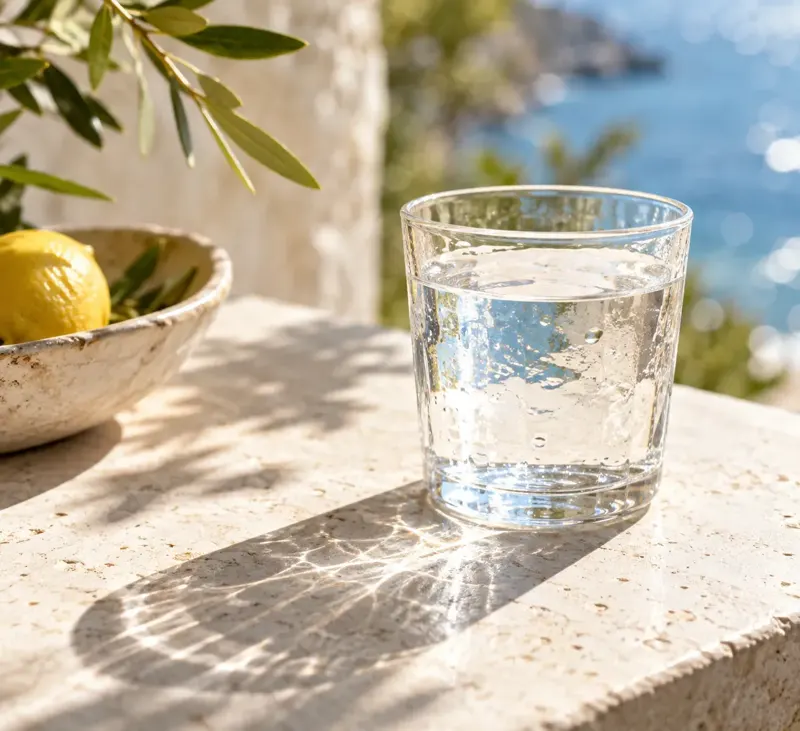 A glass of water in the sun