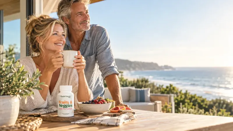 Couple having breakfast on a patio by the ocean with Earth Energy Fruits & Veggies