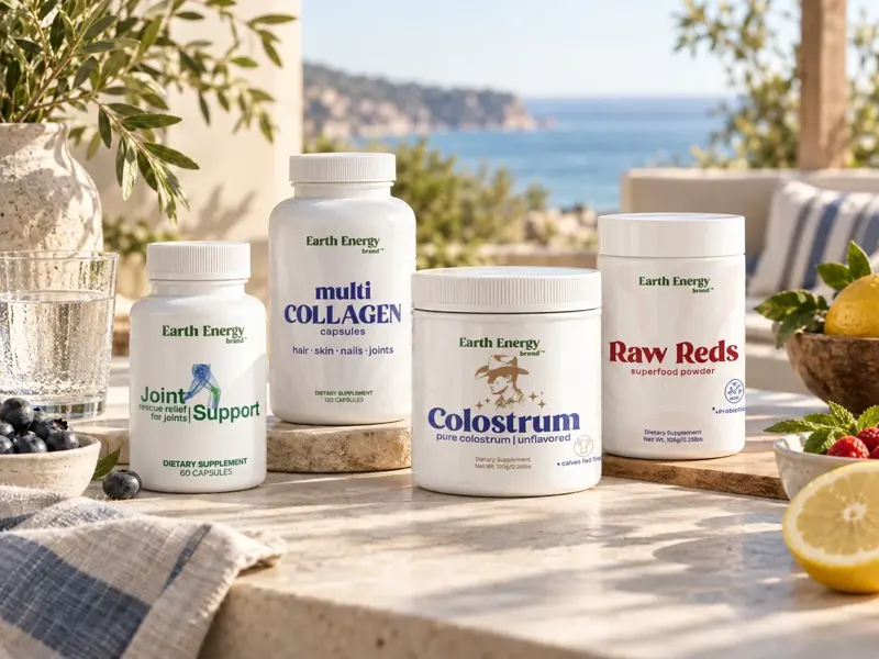 Earth Energy Joint Support, Multi Collagen, Colostrum and Raw Reds on an outdoor table